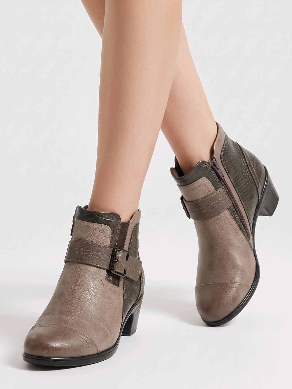 Bionheels Women's Size 10W Leather Taupe Ankle Boots Buckle Zip Comfort